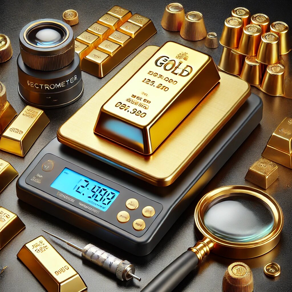 Проверка подлинности золотого слитка: Золотой слиток, размещённый на цифровых весах, с увеличительным стеклом и спектрометром рядом