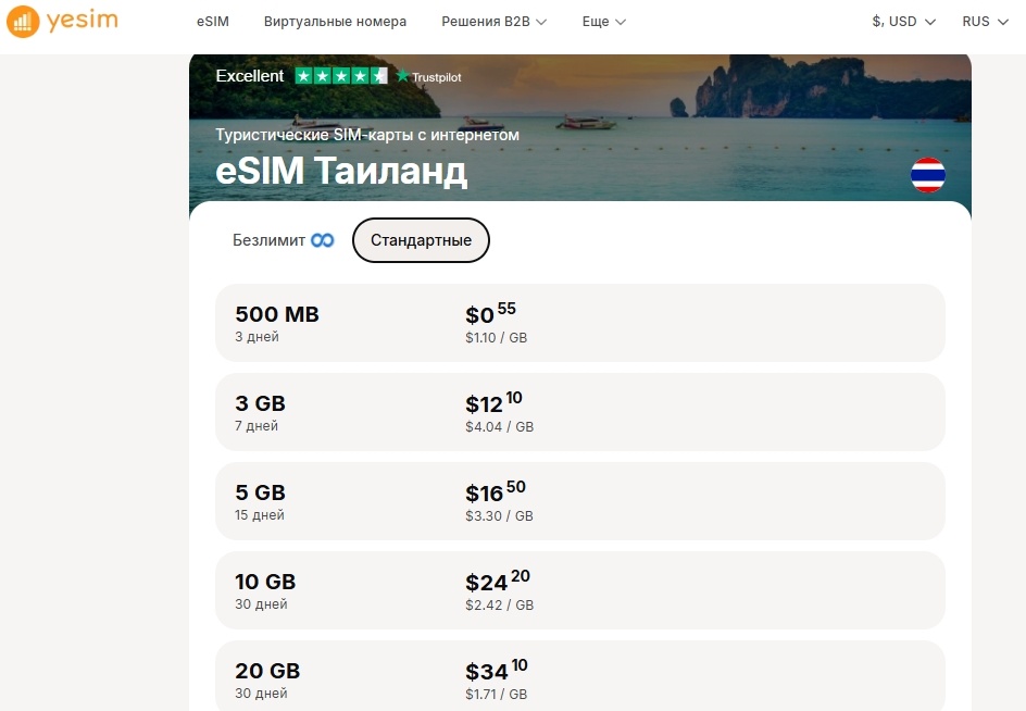Тарифы от провайдера Yesim 