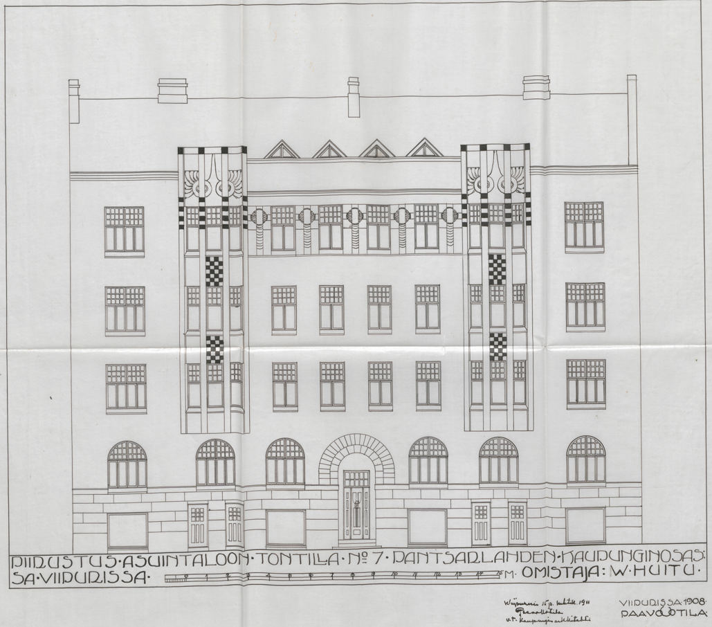 Чертеж фасада дома по Куллервонкату 10, 1908 год, Пааво Уотила (национальный Архив Финляндии)