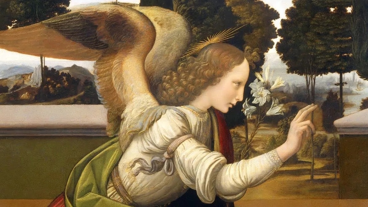 Леонардо да Винчи. «Благовещение» (фрагмент), 1475 год. Галерея Уффици, Флоренция