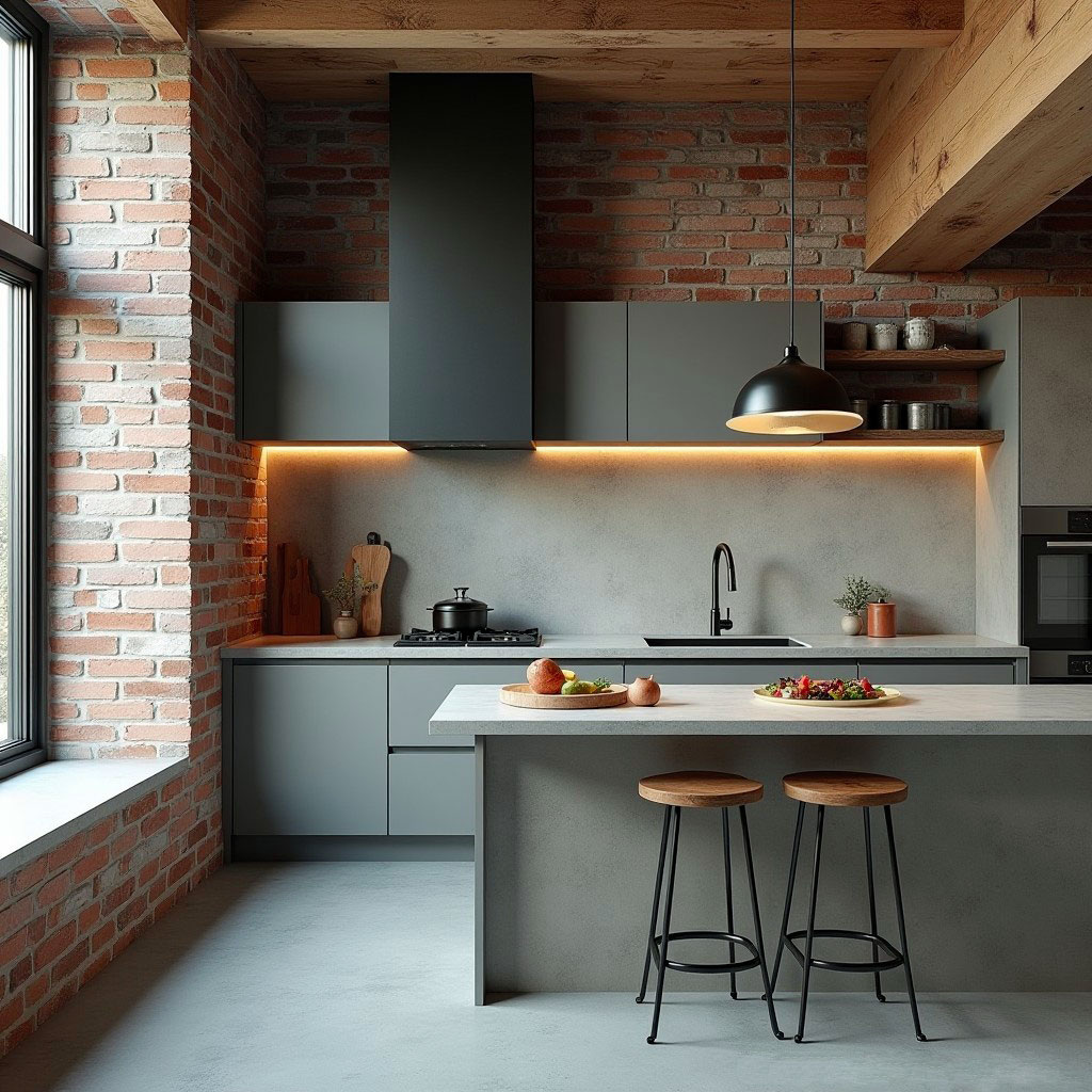 Кухня в стиле лофт со столешницей из камня