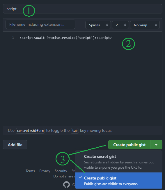 Создание кода в gist