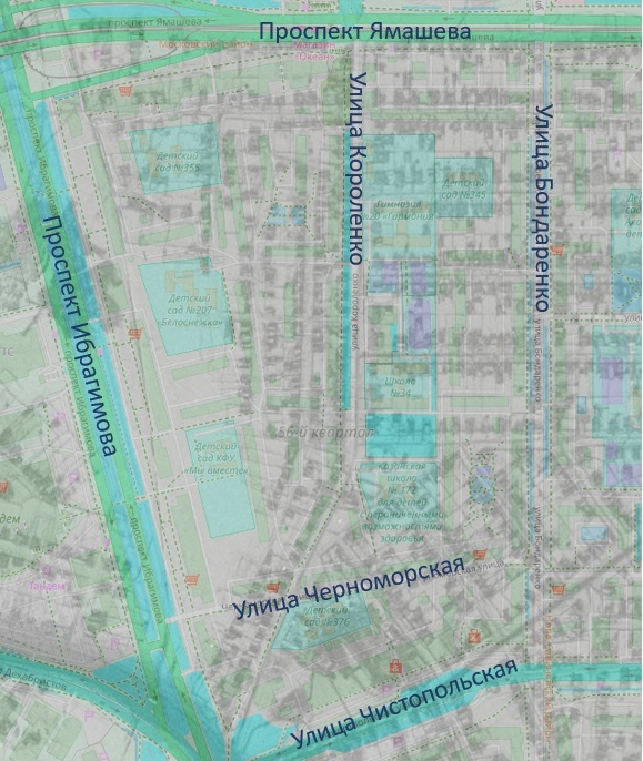 Наложение спутникового снимка 03.1966 г (время максимальной застройки поселка) на современную схему.