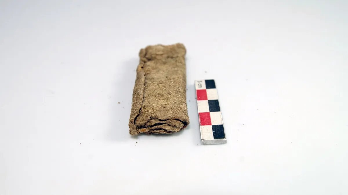 Свинцовая табличка с проклятием, найденная на римском кладбище в Орлеане, Франция, перед развертыванием.