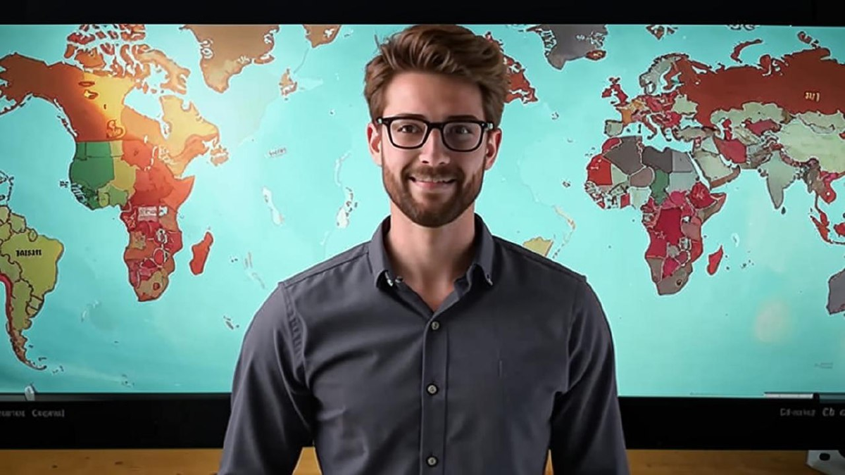 Онлайн-репетитор стоит и улыбается возле географической карты в раздумьях. Автор - Кандиныч