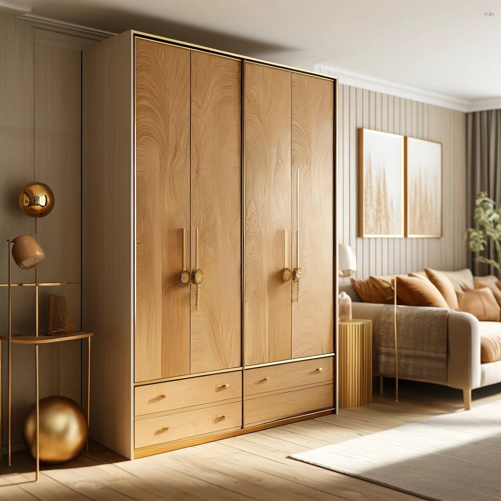 Шкаф в оттенке карамели с золотыми акцентами.