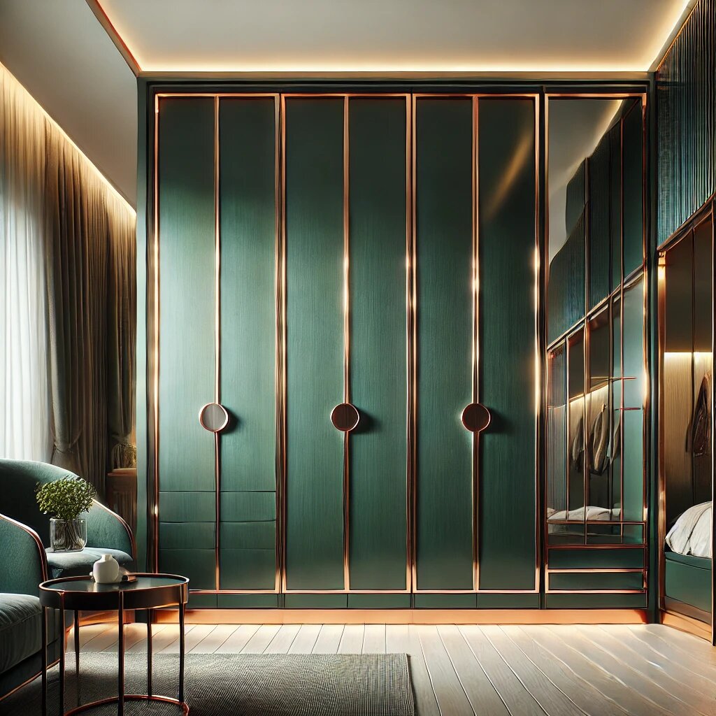 Гардеробная с изумрудными фасадами и медными вставками.