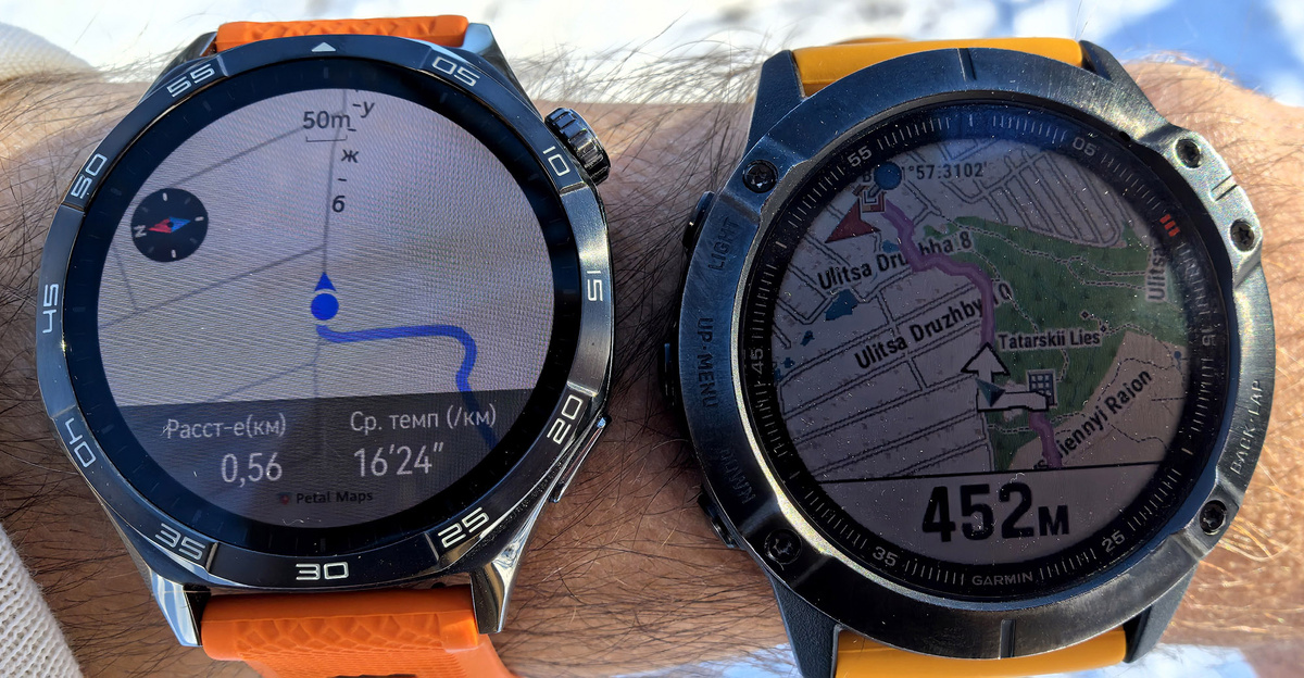 Слева оффлайн навигация на часах Huawei Watch GT 5, справа на часах Garmin Fenix 6 X Pro