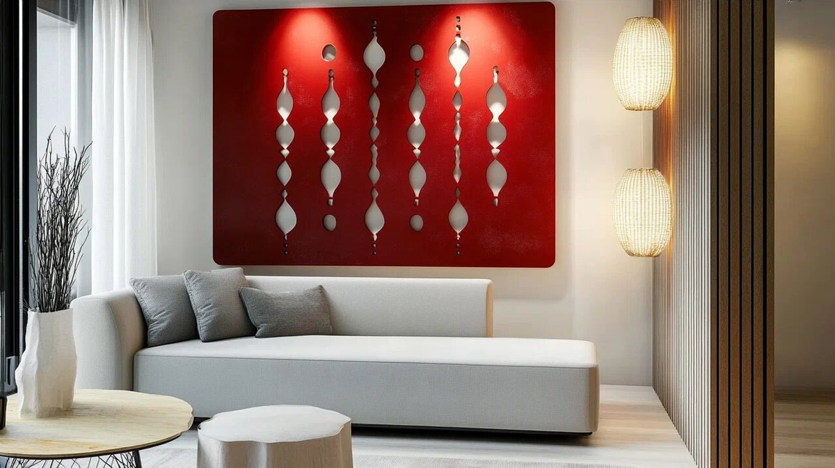 Декоративное панно красного цвета полностью меняет минималистичный интерьер