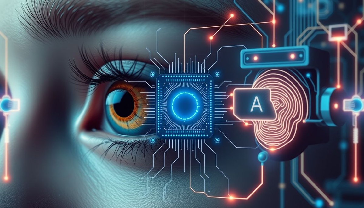 человеческий глаз с отражением дополненной реальности, квантовый процессор с характерным синим свечением и биометрический сканер