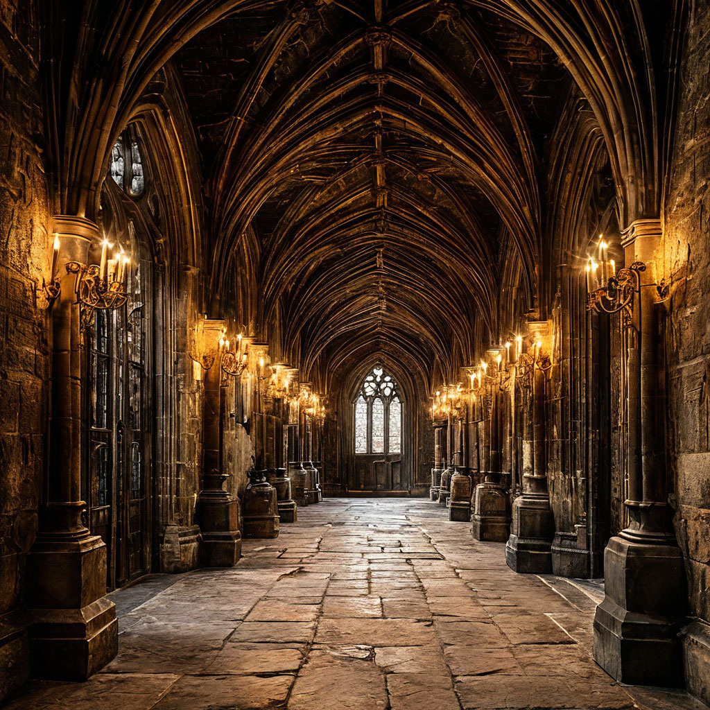 Гарри Поттер, Гермиона Грейнджер и Рон Уизли под мантией невидимкой в коридоре на третьем этаже Хогвартса, который является запретным для всех, кто не хочет умереть самой страшной смертью.