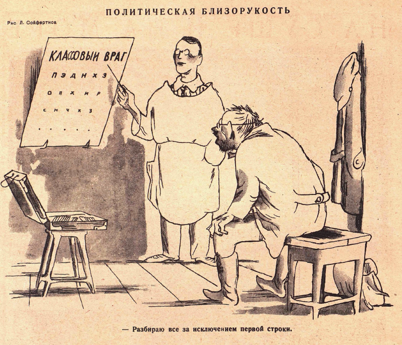 Политическая карикатура, высмеювающая политическую близорукость при выявлении классовых врагов советской власти в 1930-е годы (Крокодил. 1935. № 10. Л. 12).