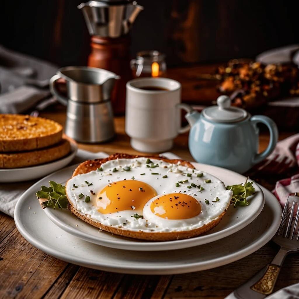 Примерно такой у меня завтрак в идеале - яичница, хлеб и кофе. Именно эту картинку нарисовала нейросеть.