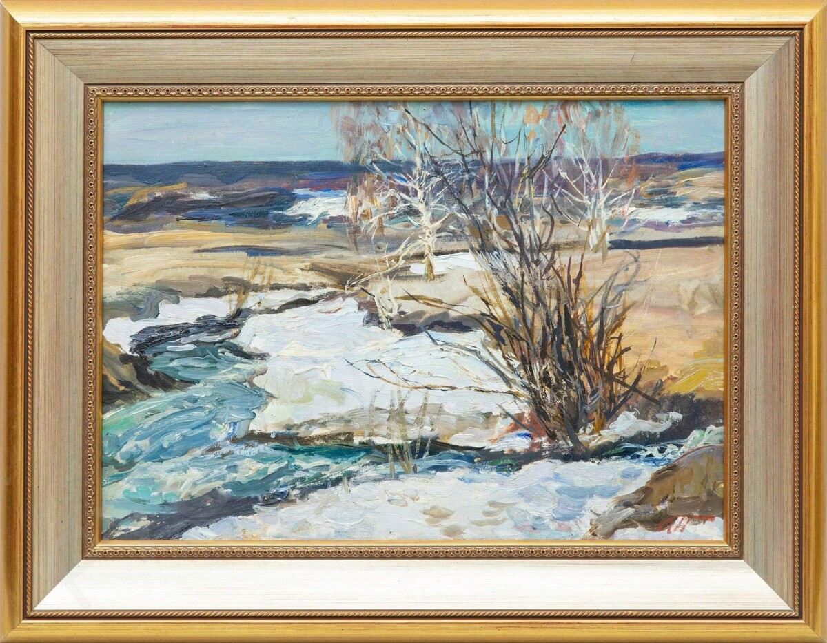 Вешние воды. 1960-е гг., материалы: картон, масло, размеры: 35 х 48,8 см. Источник: https://auction-rusenamel.ru