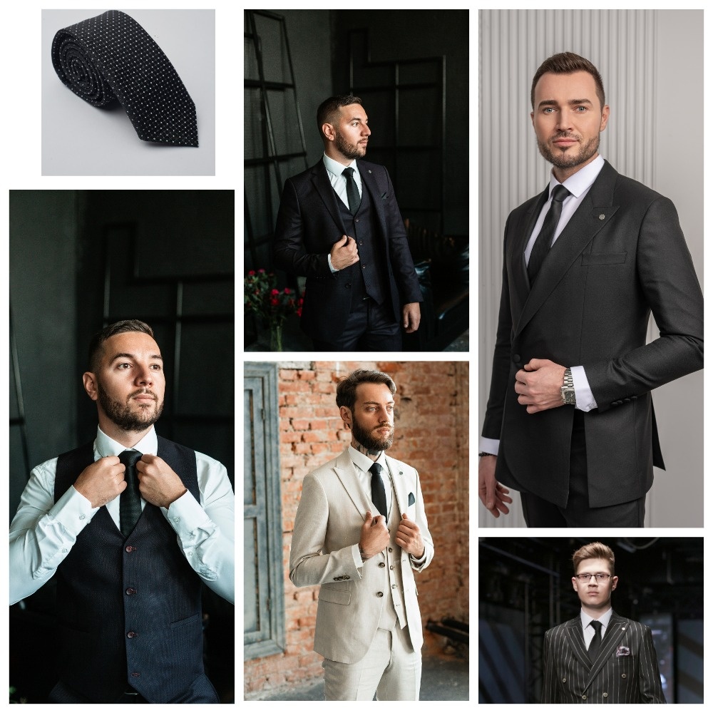 Примеры строгих мужских образов с использованием черного мужского галстука, подчеркивающего общий официальный стиль