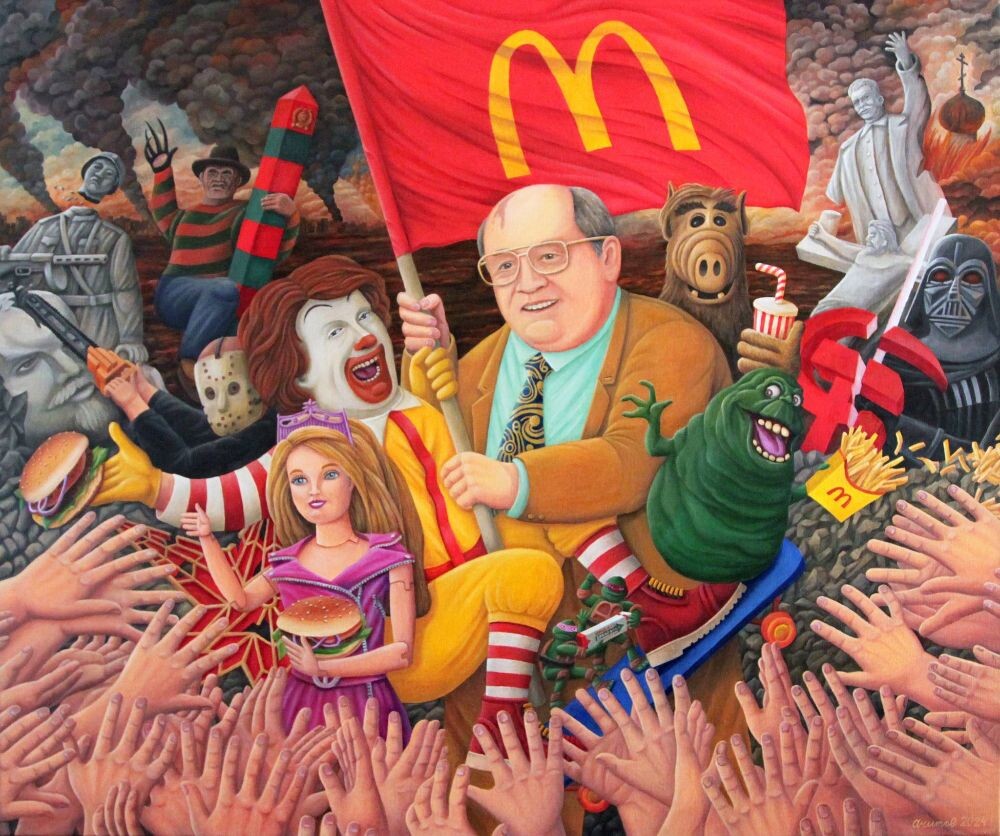 КАРТИНА ХУДОЖНИКА АРКАДИЯ АЧИТОВА ПОД НАЗВАНИЕМ " НОВОЕ КРАСНОЕ ЗНАМЯ. 2024, холст, масло 110х130 ОТ АВТОРА " Картина вышла красивой, эпичной и, надеюсь... оптимистичной.
Да-да! Именно так! Коммунизм у нас по итогу не получился, но ведь сгинула только социалистическая обертка империи. Большевики создали мощную экономику, построили систему образования и здравоохранения… Да, нет уже большевиков, но сама-то тысячелетняя Русь с остатками коммунистической модернизации никуда не делась! Скрипит себе и едет."