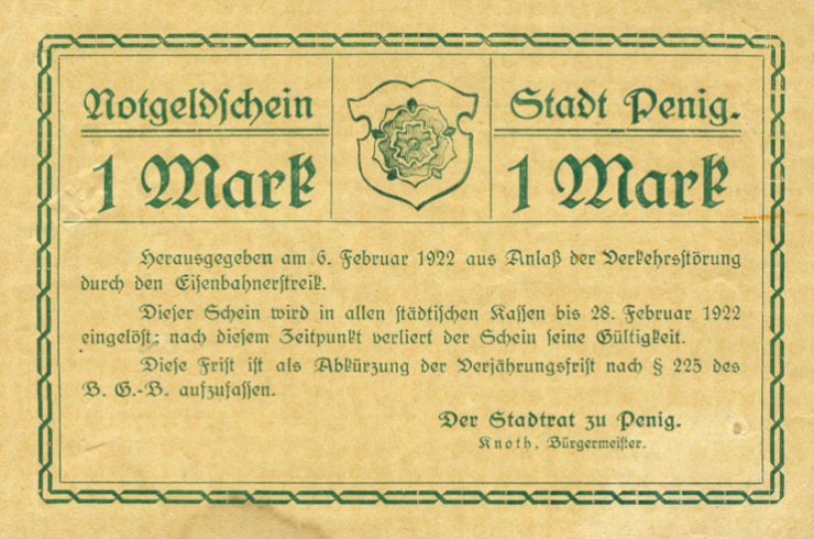 Нотгельд города Пениг в 1 марку (аверс)