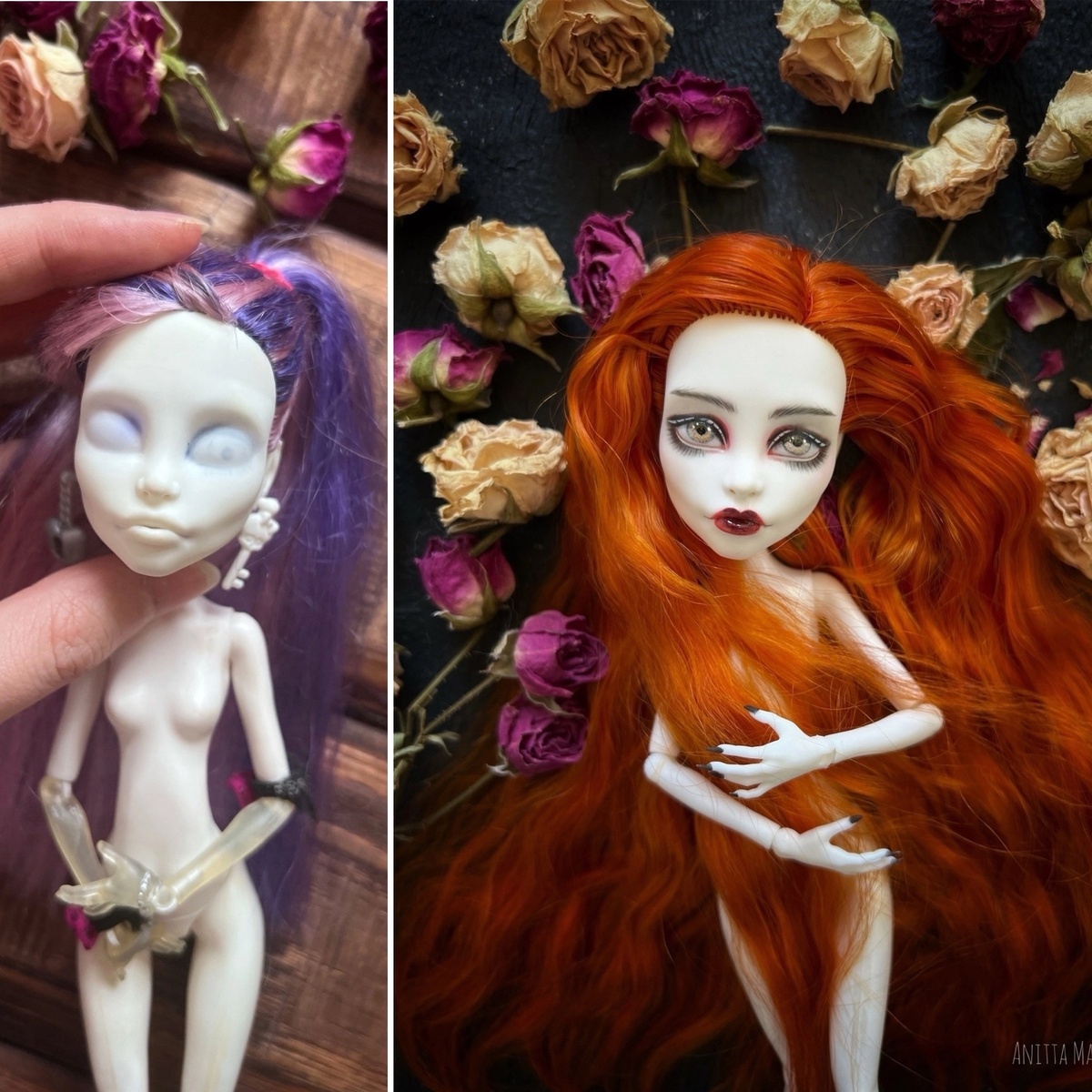 До и После выведения пятен с оица куклы, прошивки волос и перерисовки личика. Листай, чтобы увидеть больше фото!