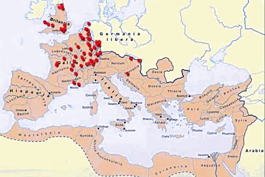 Карта обнаружения странных римских артефактов, иллюстрация: atlasobscura.com