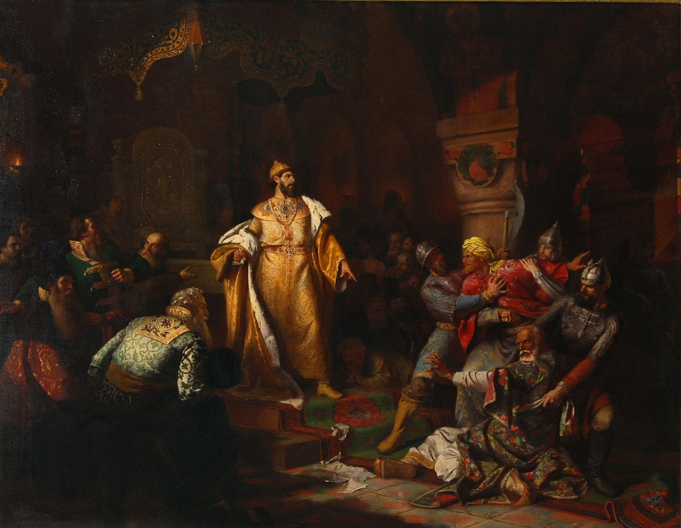 Иван III свергает татарское иго, разорвав изображение хана и приказав умертвить послов. Н. С. Шустов.
