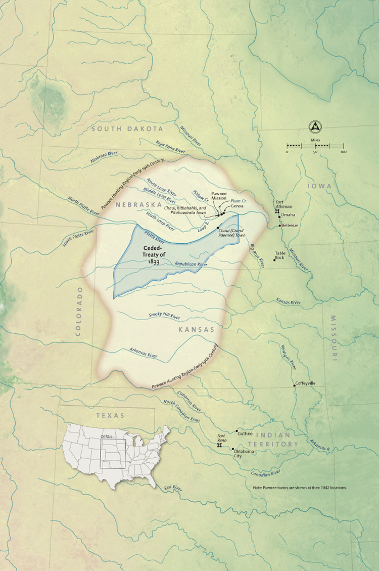 Светлая область - территория пауни, которую они контролировали в начале девятнадцатого века, включала в себя части современных штатов Канзас и Небраска. Затемненная область  - земли, которые пауни согласились уступить в соответствии со статьей 2 Договора 1833 года.