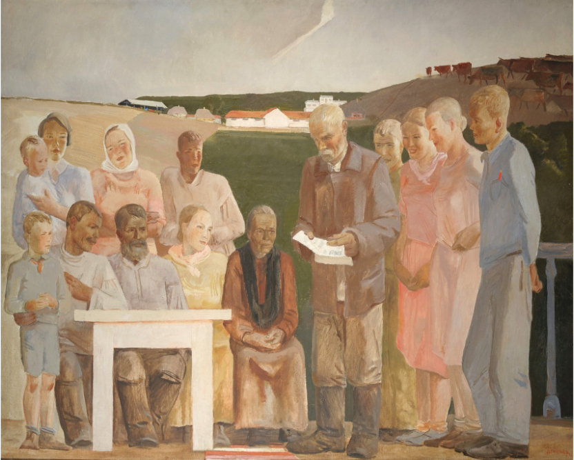 А.А.Дейнека. Беседа колхозной бригады (Колхозная бригада). Эскиз панно для здания Народного комиссариата земледелия. 1934. Русский музей. Ж-4436. URL: https://rusmuseumvrm.ru/data/collections/painting/19_20/zh-4436/index.php