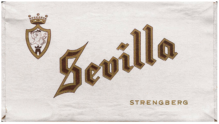 "Sevilla". Финляндия, 1956 год. 25 штук в коробке с откидной крышкой. Цена (была) 75 финских марок. Производитель: Ph.U. Strengberg & Co, владелец торговой марки: Ph.U. Strengberg & Co.