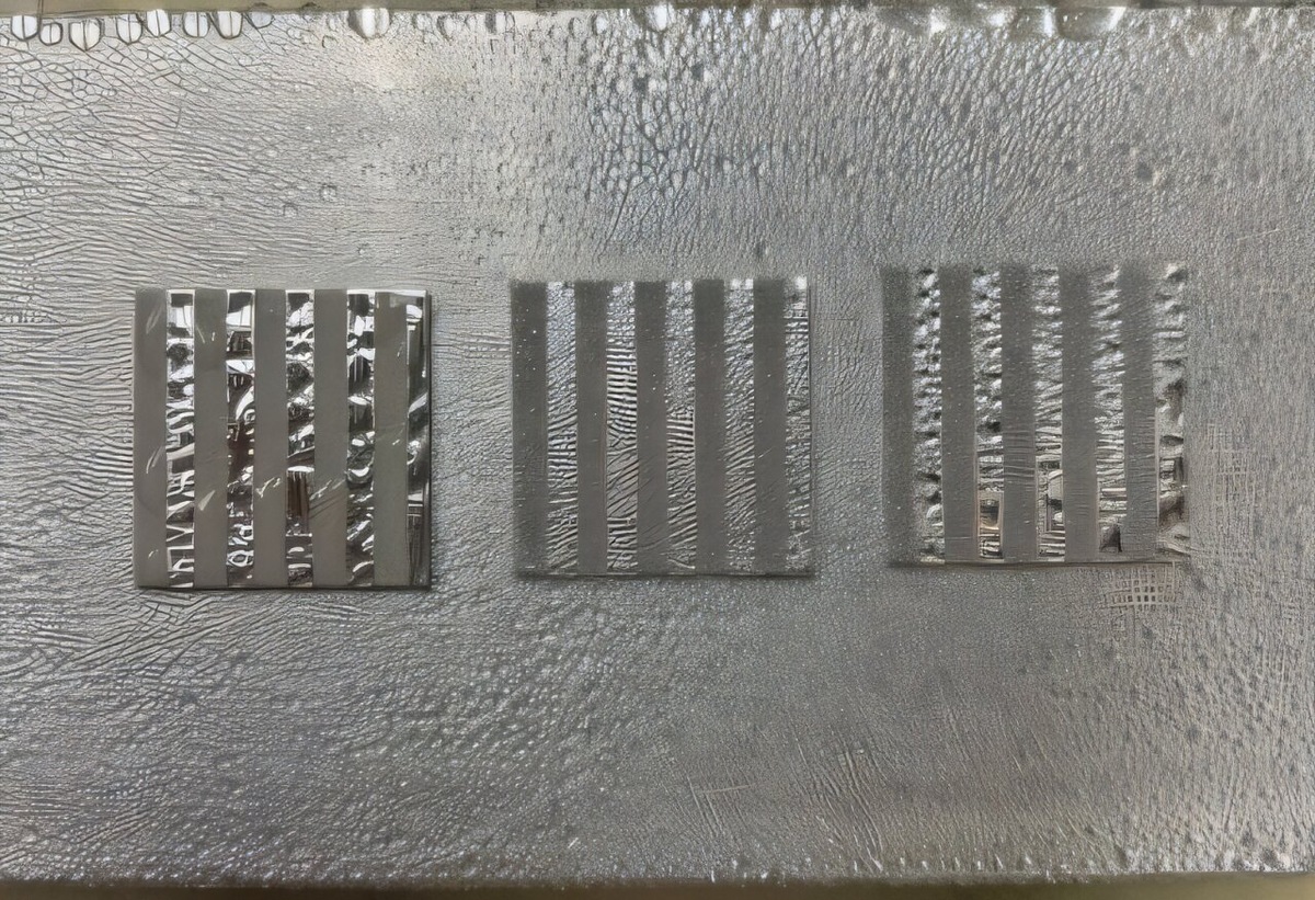 Образцы алюминия с чередующимися полосами гладкой (светлее) и протравленной (темнее) топографии, демонстрируют контрастную смачиваемость.    
 Источник: Geoff Wehmeyer / Rice University  📷
