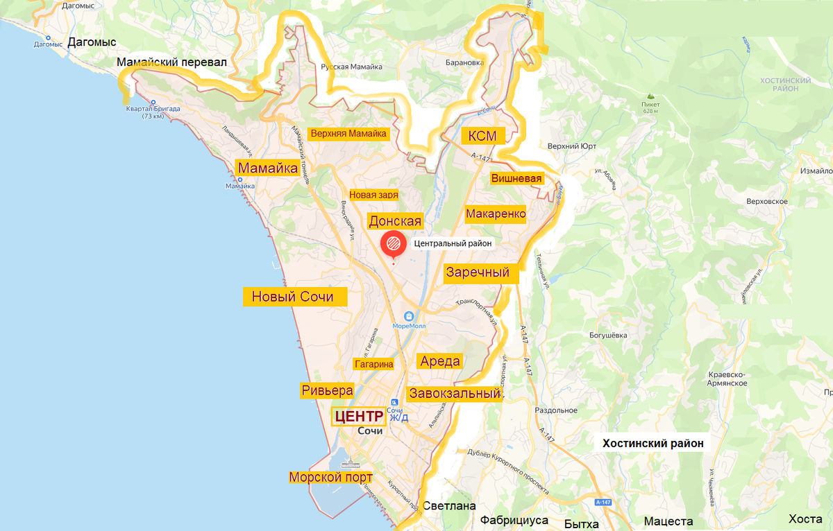 Центральный район Сочи на карте