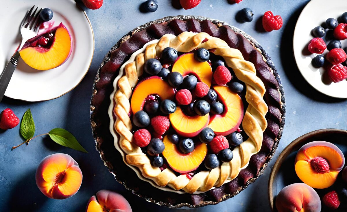 Пирог с ягодами и персиками 
