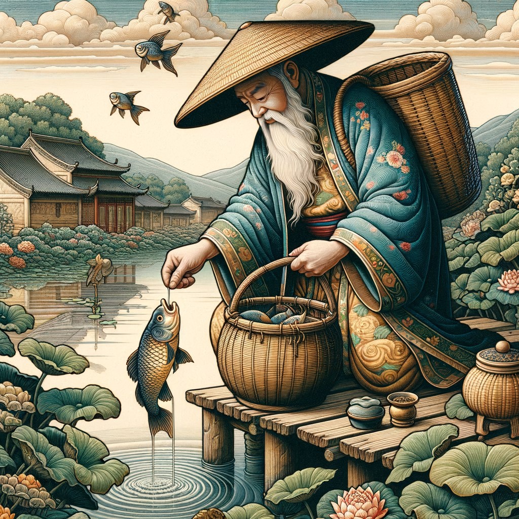 Здесь не совсем понятно: вытаскивает рыбку или наоборот, отпускает. 