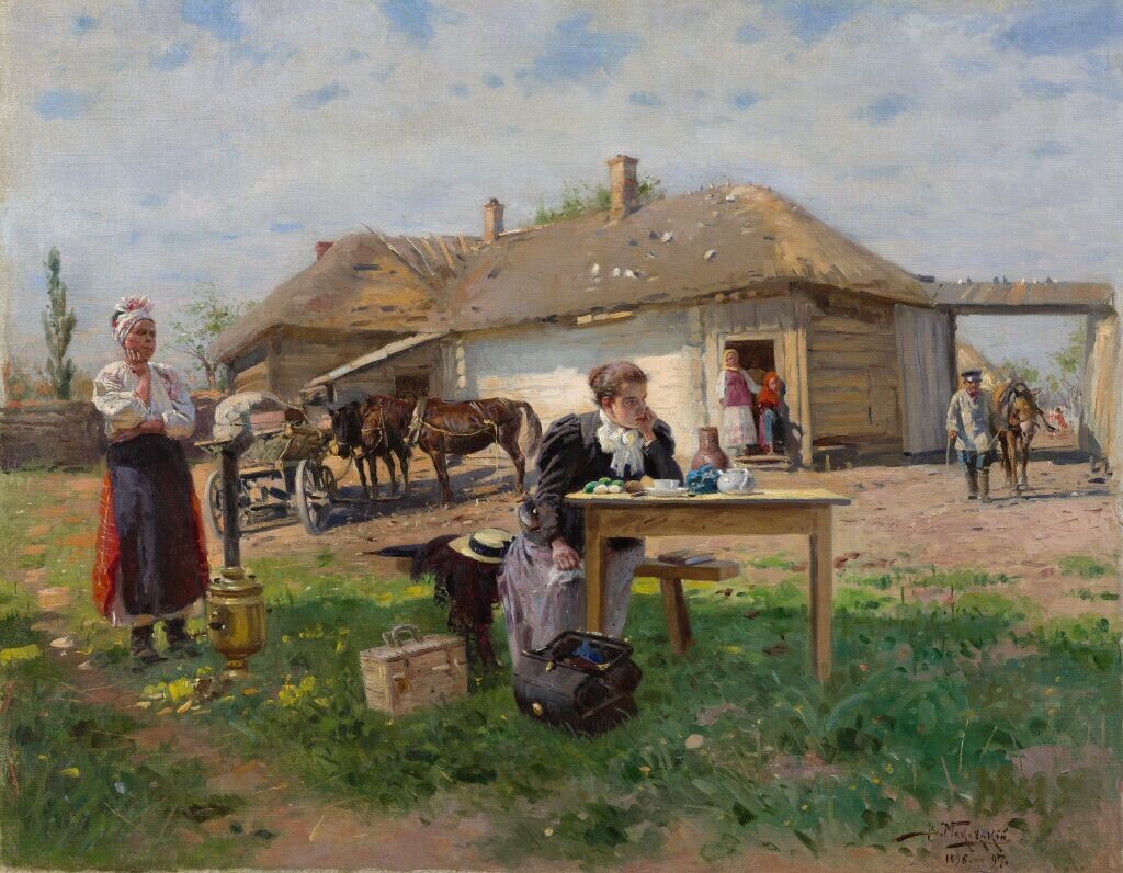 Владимир Егорович Маковский, «Приезд учительницы в деревню», 1896-1897 год. Из собрания Государственной Третьяковской галереи