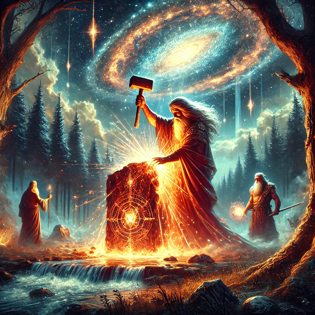 Магический момент удара Сварога по Камню Алатырь: искры Огня-Креса падают в воду, рядом Велес направляет энергию, а Перун защищает процесс. ✨💧🔥