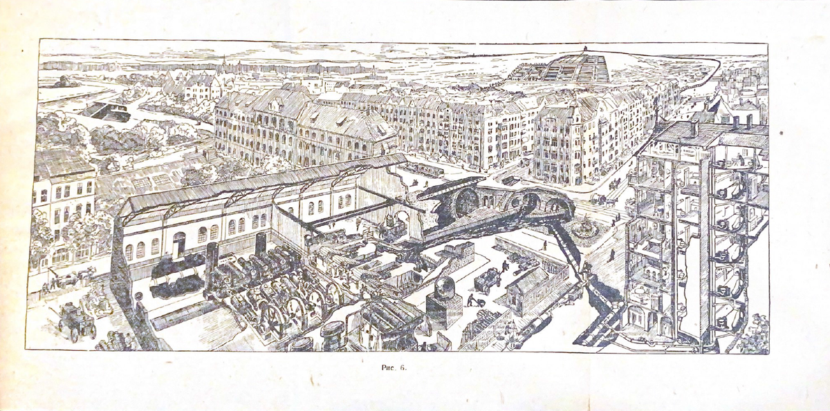 Красивая литография с канализацией, от здания с ватер-клозетами до полей орошения