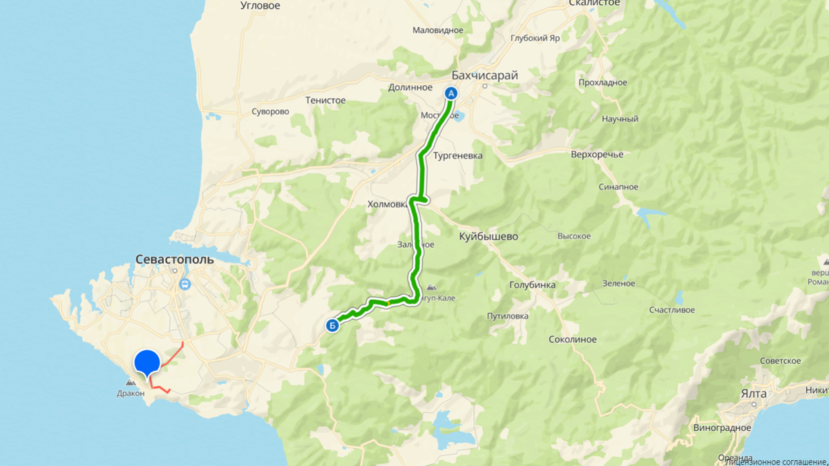 Севастополь достаточно большой по площади - более 800кв.км. Когда почти доехал и разница в пути может быть час, отчего же не полюбоваться природой.  Отрезок пути на карте длиной около 30км, всего. Фото: Книга Приключений