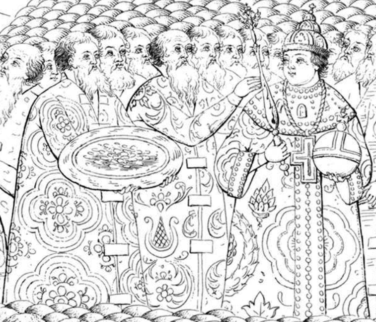 Федор Иванович Мстиславский осыпает царя Михаила Романова деньгами на коронации, Никифор Васильевич Траханиотов держит поднос с деньгами