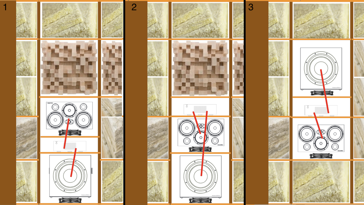 Коричневый столбец - стоящий перпендикулярно стеллаж, красная линия - акустический кабель, черная линия - разделитель вариантов