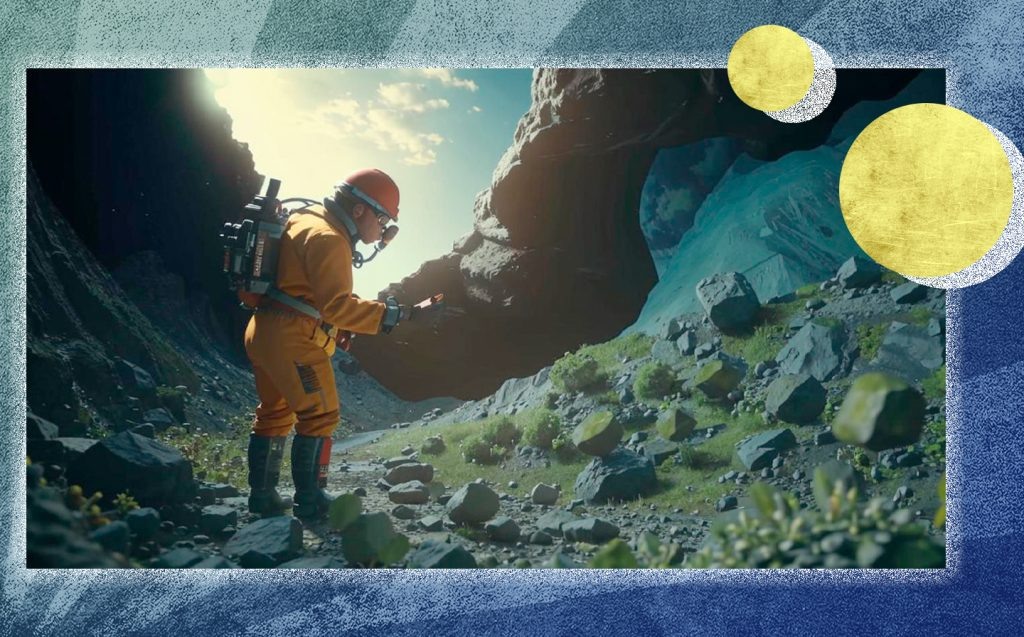 Для более точной разведки геологи используют также попутные поиски — обходят интересующие участки пешком вместе с оператором-геофизиком. Изображение сгенерировано нейросетью