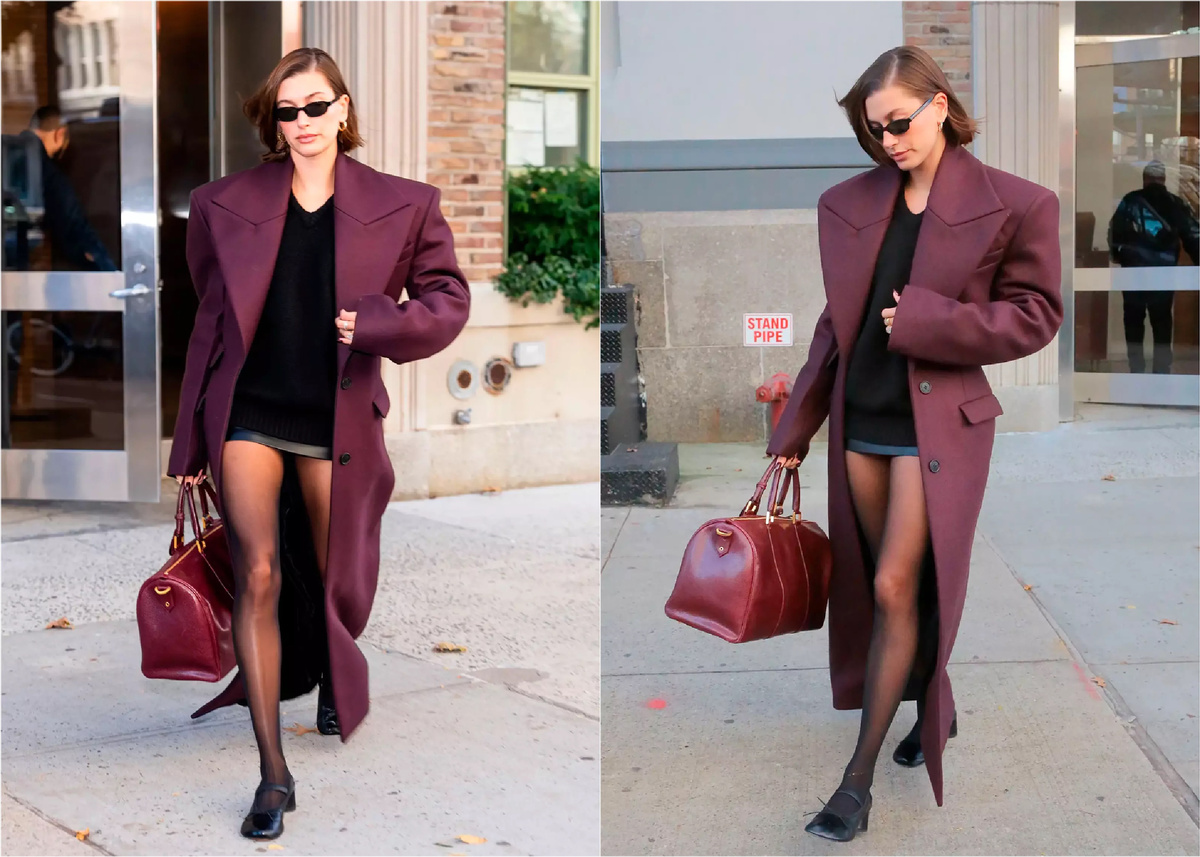 Основа стиля Хейли Бибер: оверсайз пальто, мини и джемпер. 