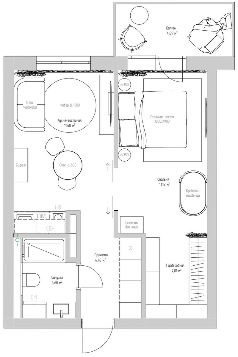 Возможный вариант расстановки мебели