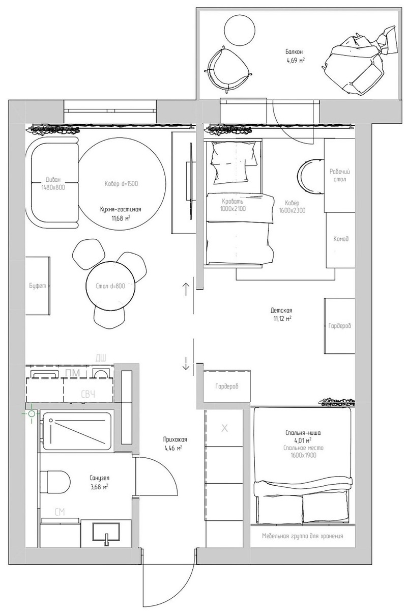 Возможный вариант расстановки мебели