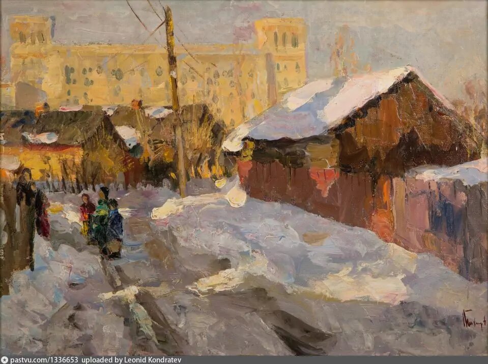 Художник Тихомиров Л.П. В районе ныне исчезнувшей Таракановской улицы. !954 г. На заднем плане НПО "Алмаз" - Ленинградский проспект, 80.