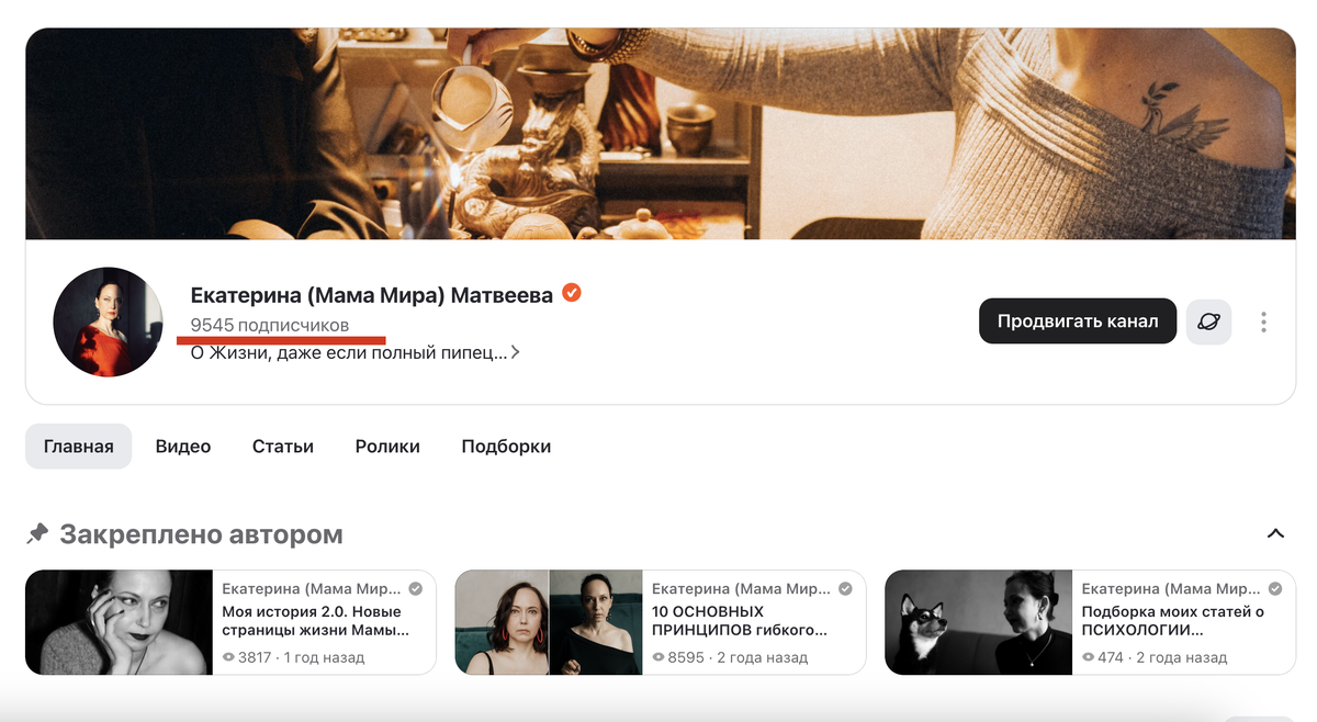 Так вижу я свой канал с компьютера. 9545 подписчиков