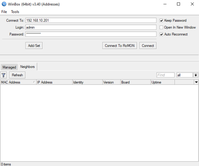 Как вы можете заметить у меня стоит уже свой айпишник в поле Connect To. Вы можете в поле Neighbors Выбрать по MAC или же на самом Микроте написан ip.