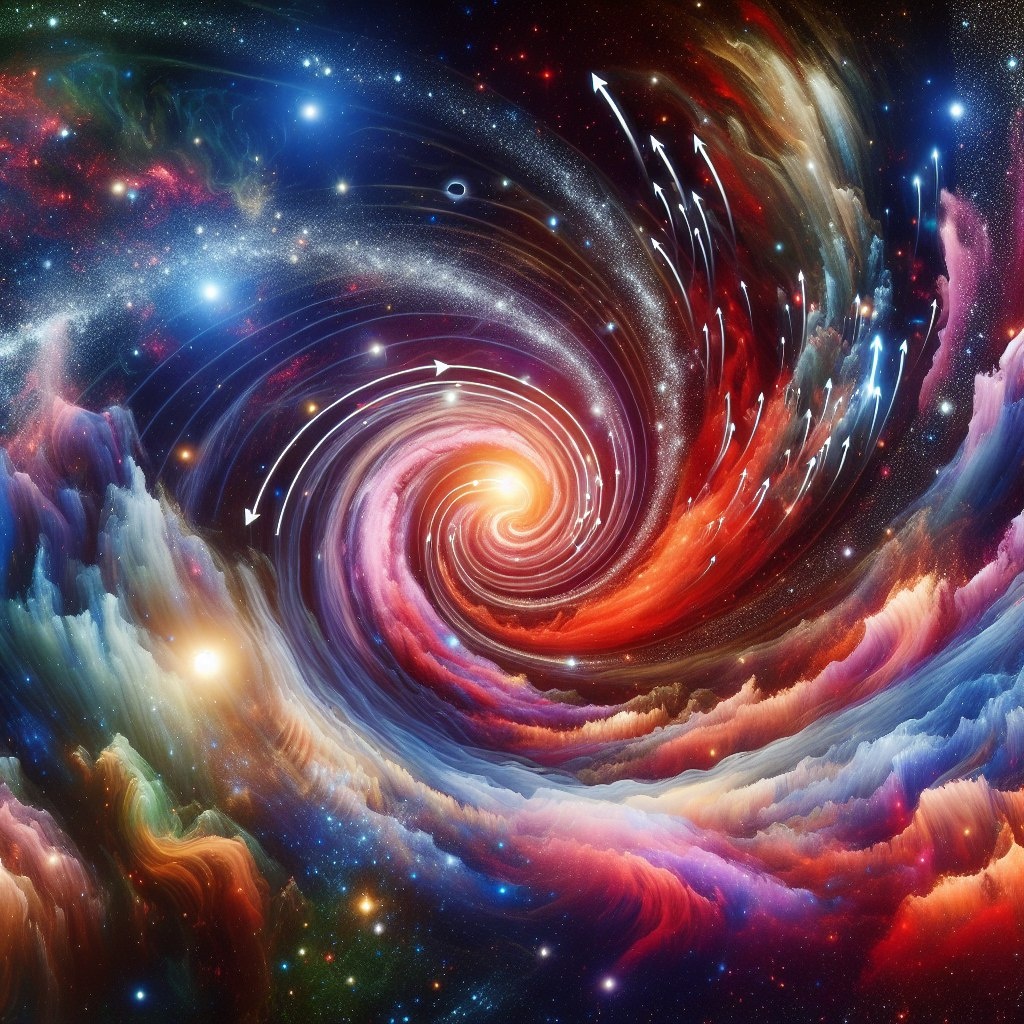 На изображении ИИ DALL-E3, представлена обширная космическая сцена, иллюстрирующая концепцию расширяющейся вселенной. В центре композиции видны закрученные галактики, которые выглядят яркими и динамичными, словно движутся в разные стороны. Они окружены густыми облаками космической пыли и яркими туманностями