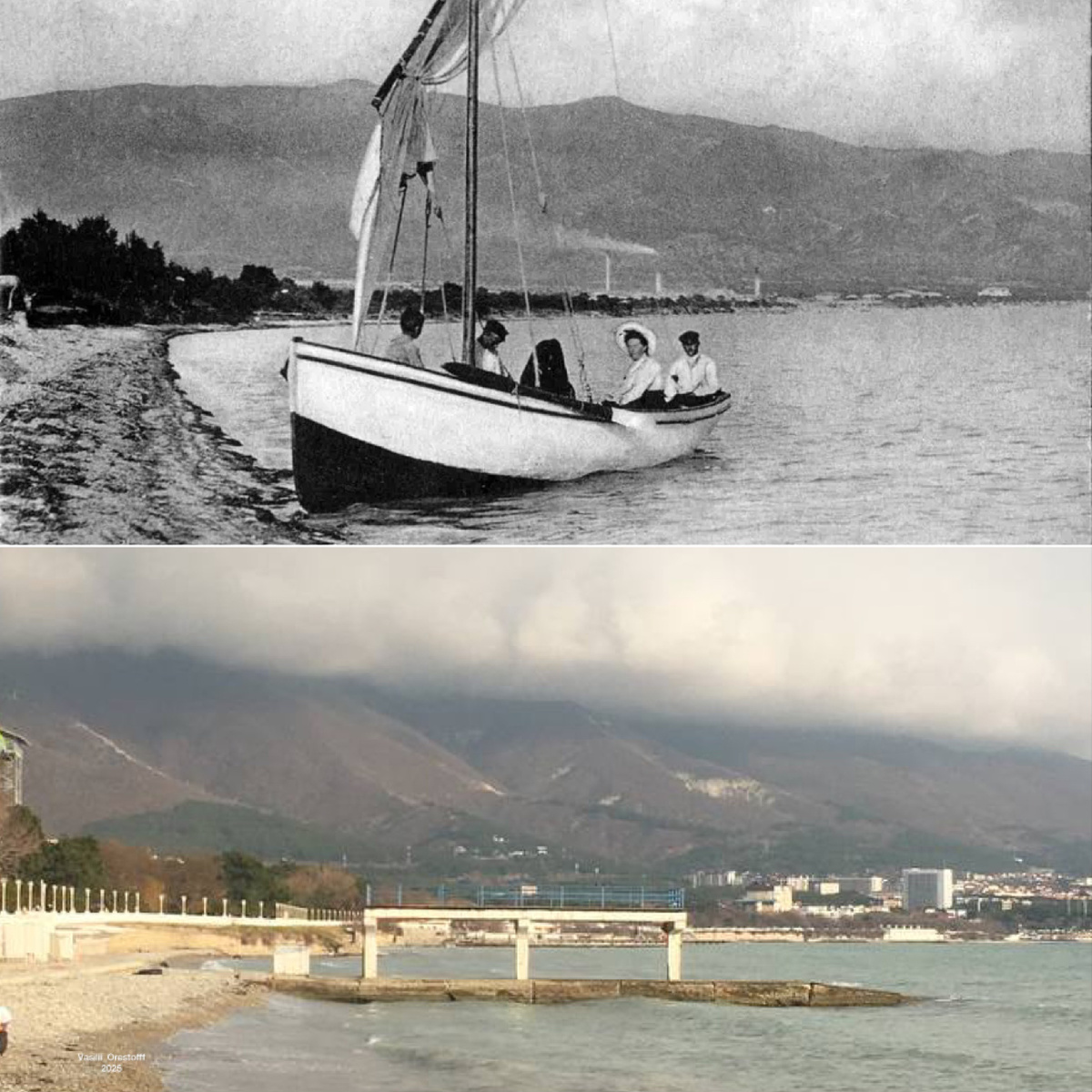 Вид с Тонкого мыса на цементный завод, в начале прошлого века и примерно этот же ракурс в наши дни.