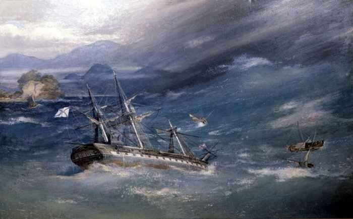 "Фрегат "Диана" в бухте Симода. 1854 г." Художник С.В.Пен