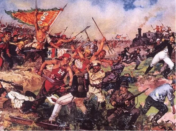 На картине можно увидеть знакомую форму тесаков Бат Чам Дао. 