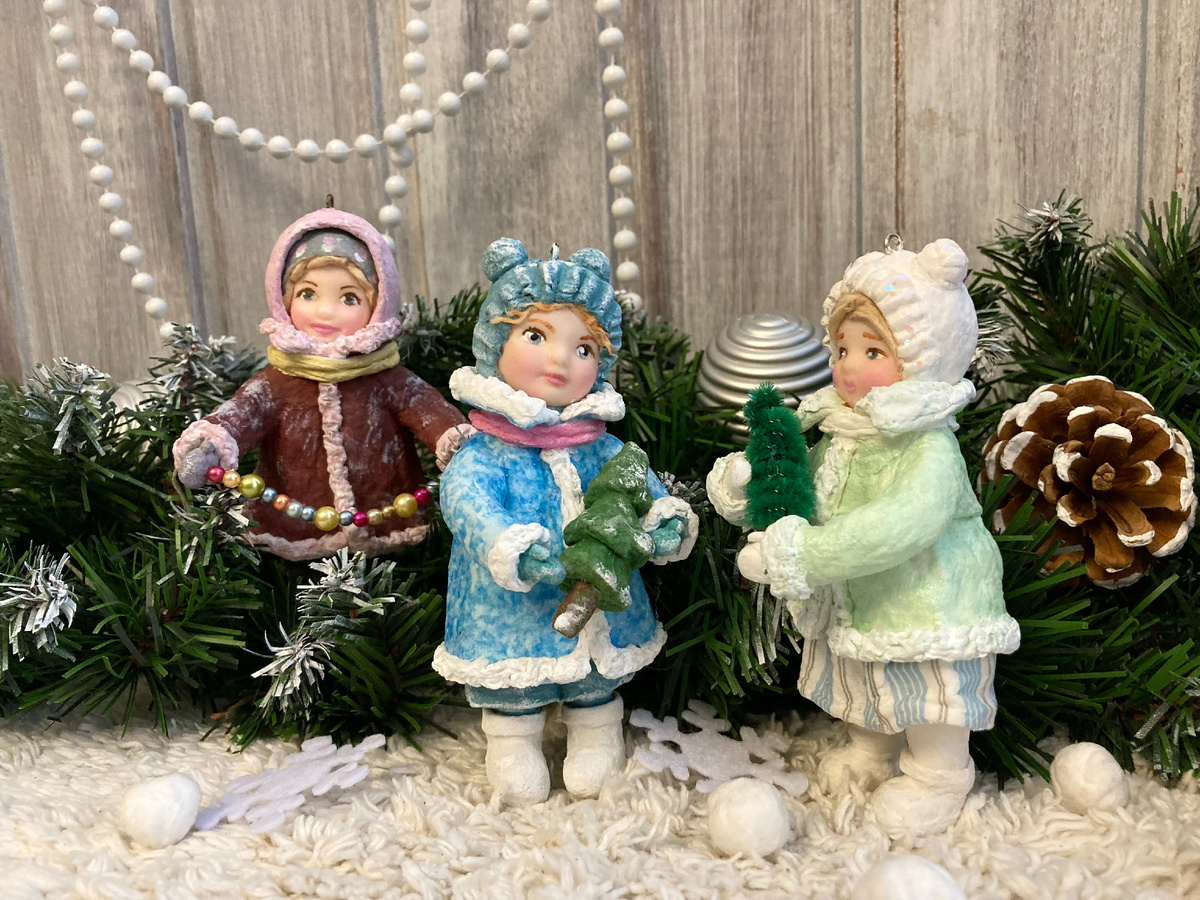 Ёлочные игрушки ручной работы из ваты, высота до 12см