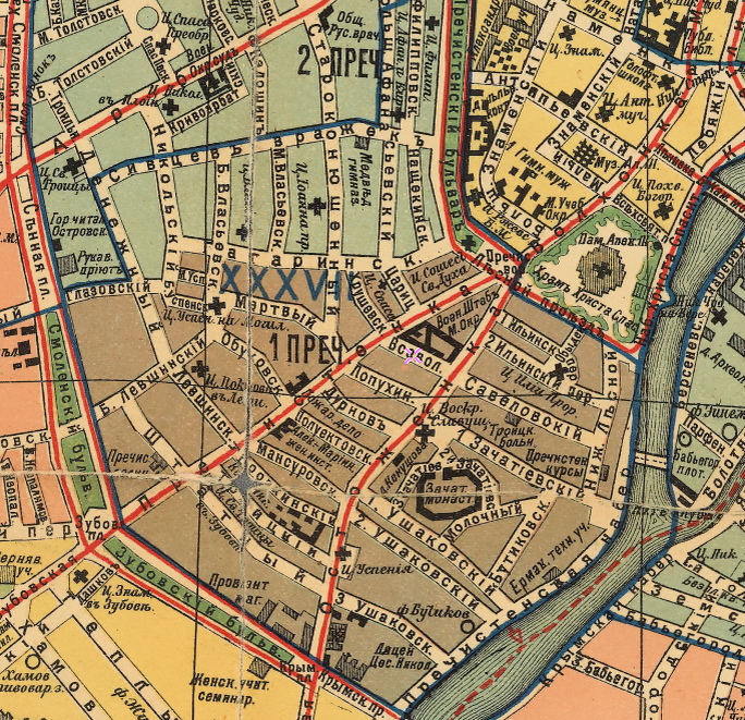 Остоженка и Пречистенка на дореволюционной карте Москвы (Карта Суворина 1913 года)